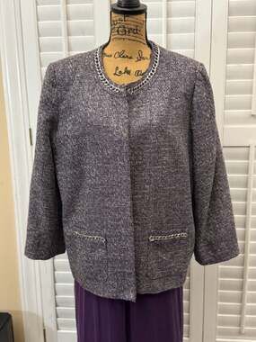 Alfred Dunner Purple and Silver Textured Tweed Jacket with Chain Detail